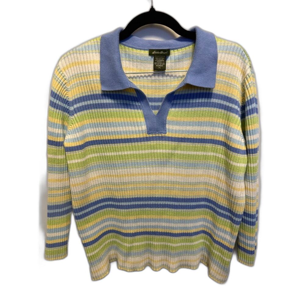 Eddie Bauer Women XL Striped Knit Polo Sweater Cotton Blue Green Yellow Preppy